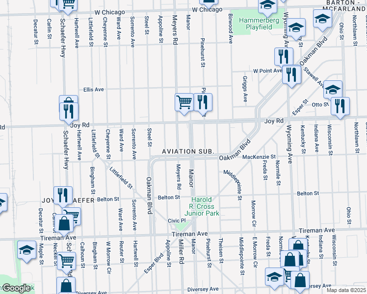 map of restaurants, bars, coffee shops, grocery stores, and more near 8532 Meyers Road in Detroit