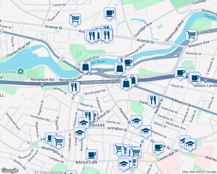 map of restaurants, bars, coffee shops, grocery stores, and more near 225 Parsons Street in Boston