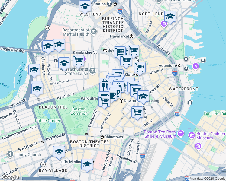 map of restaurants, bars, coffee shops, grocery stores, and more near 101 Tremont Street in Boston