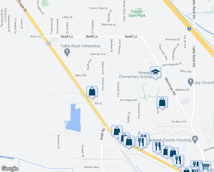 map of restaurants, bars, coffee shops, grocery stores, and more near 2714 Elliott Avenue in Medford