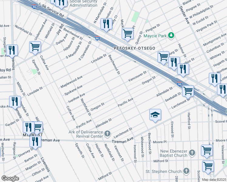map of restaurants, bars, coffee shops, grocery stores, and more near 5095 Vancouver Street in Detroit