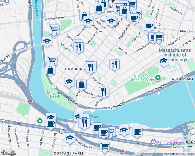 map of restaurants, bars, coffee shops, grocery stores, and more near 14 Putnam Court in Cambridge
