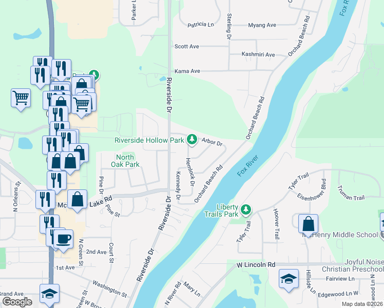 map of restaurants, bars, coffee shops, grocery stores, and more near 2930 Plumrose Lane in McHenry
