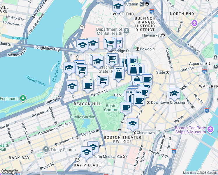 map of restaurants, bars, coffee shops, grocery stores, and more near 7 Joy Place in Boston