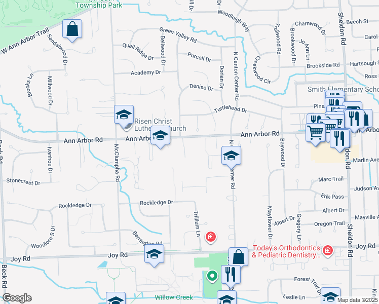 map of restaurants, bars, coffee shops, grocery stores, and more near 45801 Ann Arbor Road in Plymouth