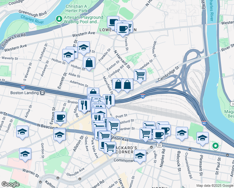 map of restaurants, bars, coffee shops, grocery stores, and more near 7 Mansfield Street in Boston