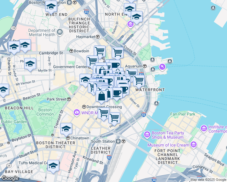 map of restaurants, bars, coffee shops, grocery stores, and more near Post Office Square in Boston