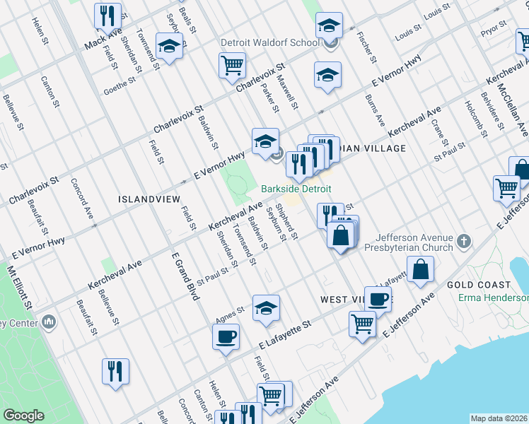 map of restaurants, bars, coffee shops, grocery stores, and more near 1804 Baldwin Street in Detroit
