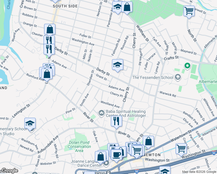 map of restaurants, bars, coffee shops, grocery stores, and more near 213 Adams Avenue in Newton