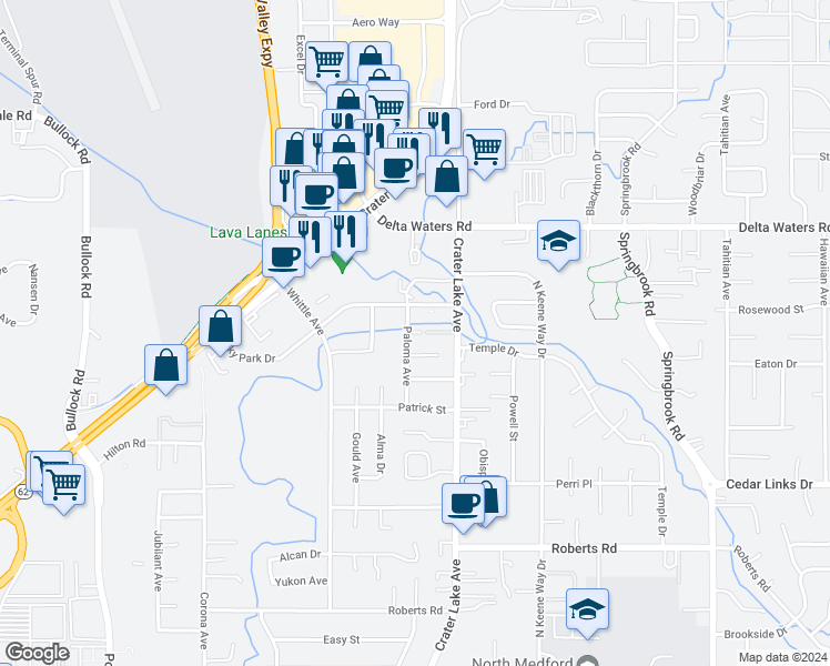 map of restaurants, bars, coffee shops, grocery stores, and more near 1902 Pebble Way in Medford