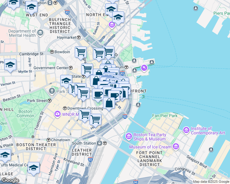 map of restaurants, bars, coffee shops, grocery stores, and more near 67 Batterymarch Street in Boston