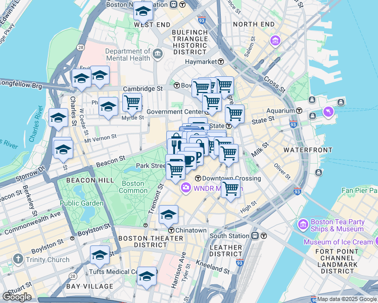 map of restaurants, bars, coffee shops, grocery stores, and more near 69 Bromfield Street in Boston