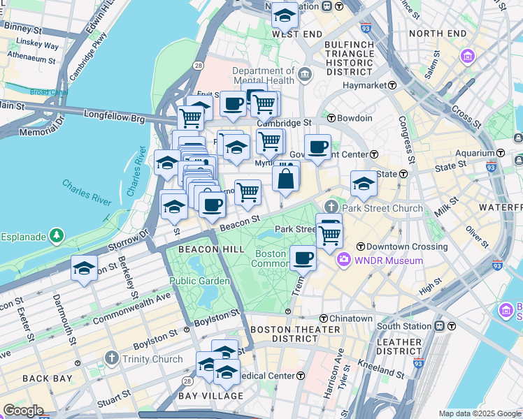 map of restaurants, bars, coffee shops, grocery stores, and more near 44 Beacon Street in Boston