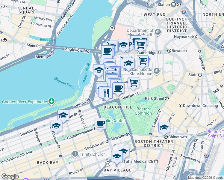 map of restaurants, bars, coffee shops, grocery stores, and more near 34 Charles Street in Boston