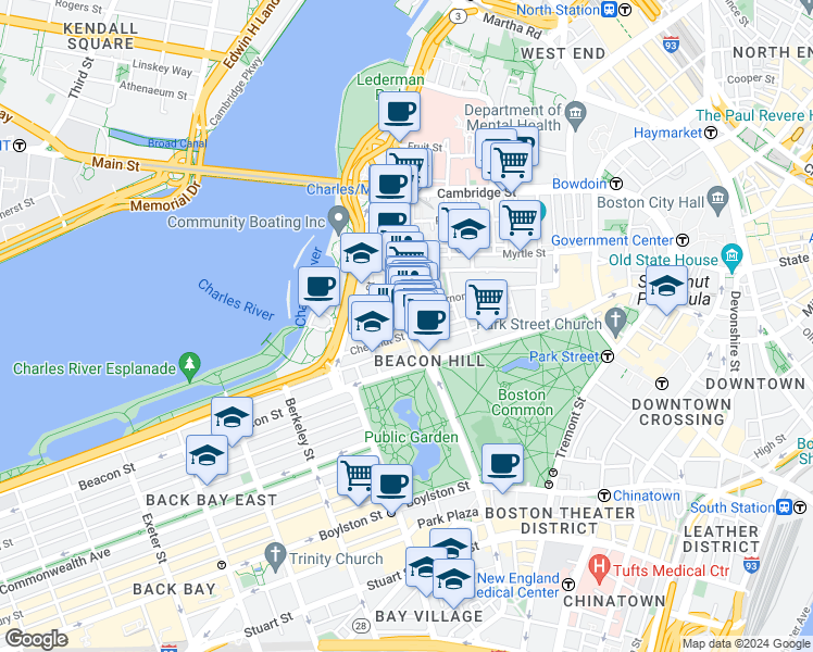map of restaurants, bars, coffee shops, grocery stores, and more near 34 Charles Street in Boston