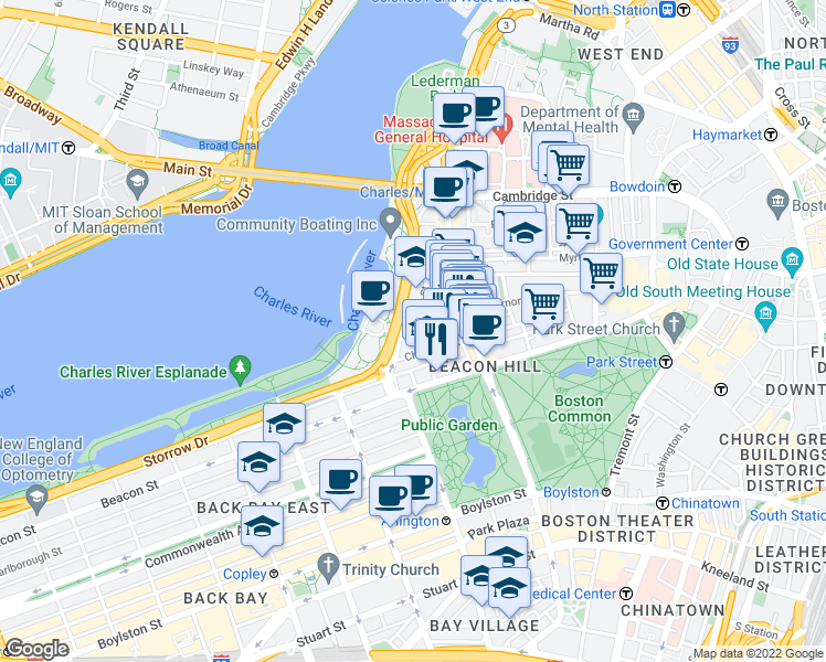 map of restaurants, bars, coffee shops, grocery stores, and more near 36 Lime Street in Boston
