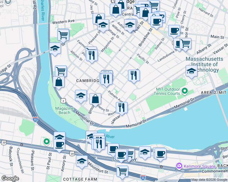 map of restaurants, bars, coffee shops, grocery stores, and more near in Cambridge