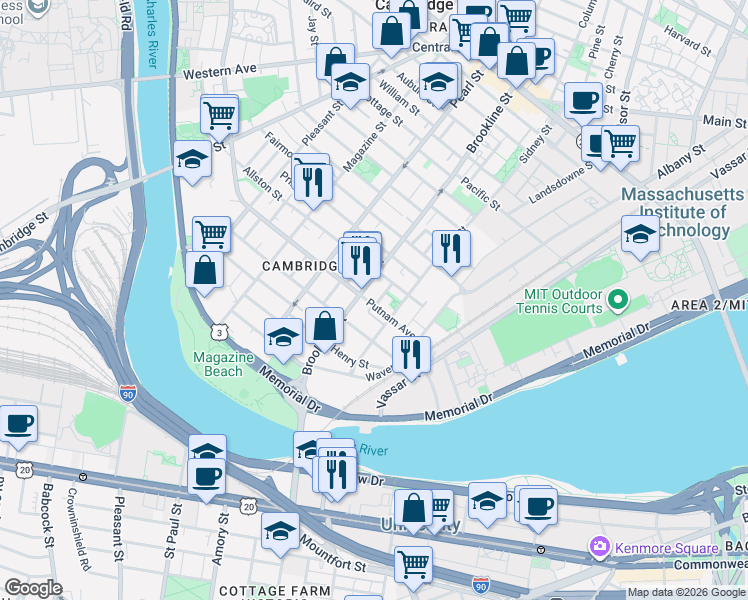 map of restaurants, bars, coffee shops, grocery stores, and more near in Cambridge