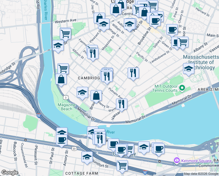 map of restaurants, bars, coffee shops, grocery stores, and more near 14 Putnam Court in Cambridge