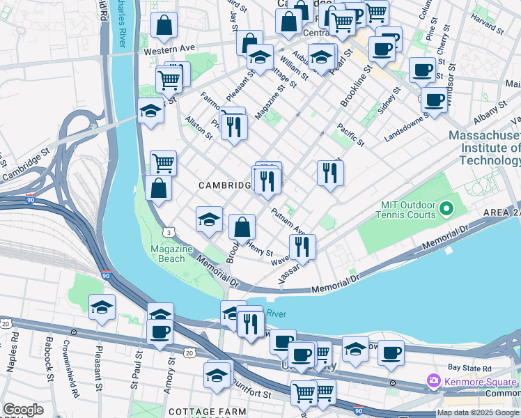 map of restaurants, bars, coffee shops, grocery stores, and more near 97 Chestnut Street in Cambridge