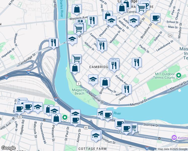 map of restaurants, bars, coffee shops, grocery stores, and more near 17 Glenwood Avenue in Cambridge