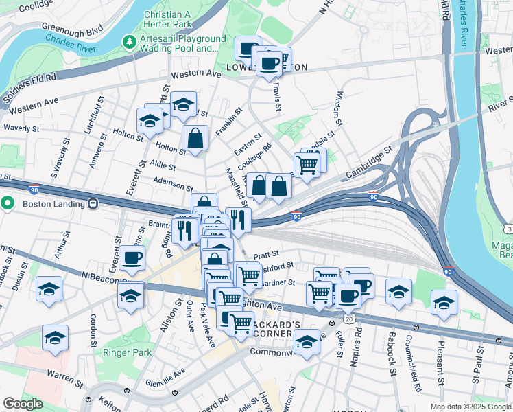 map of restaurants, bars, coffee shops, grocery stores, and more near 7 Mansfield Street in Boston