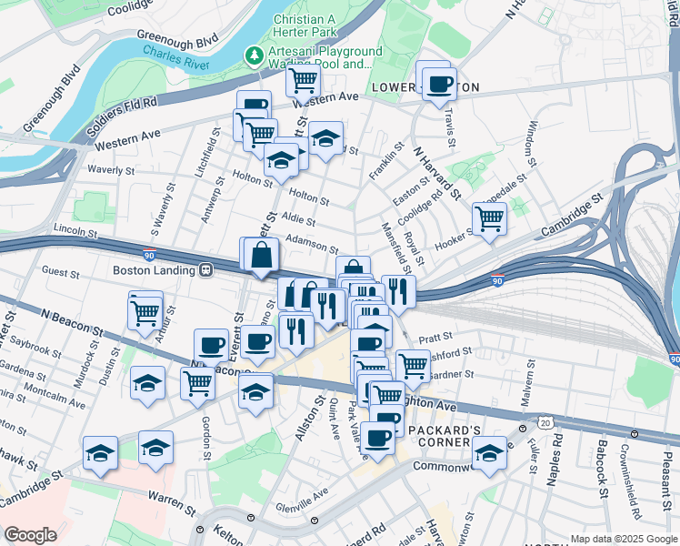 map of restaurants, bars, coffee shops, grocery stores, and more near 2 Eric Road in Boston
