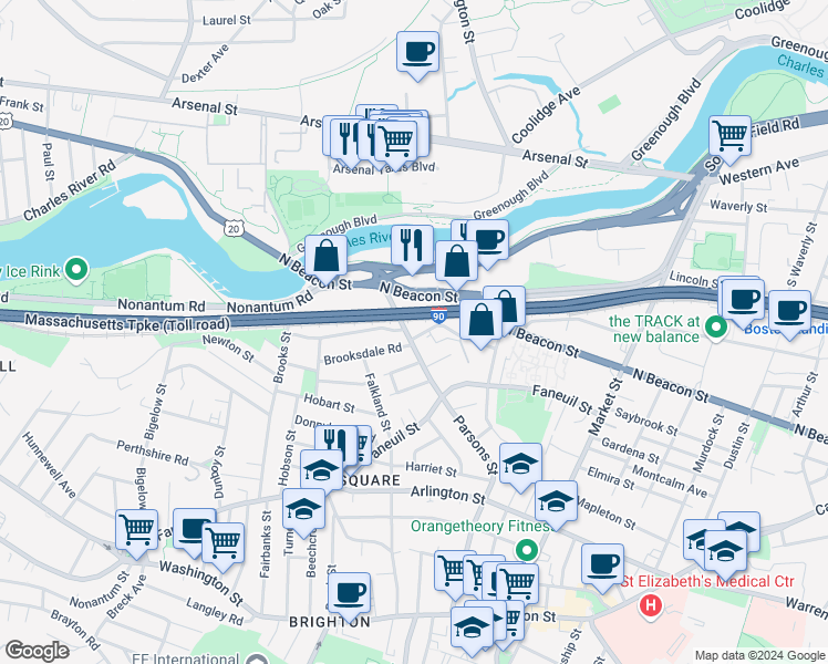 map of restaurants, bars, coffee shops, grocery stores, and more near 225 Parsons Street in Boston