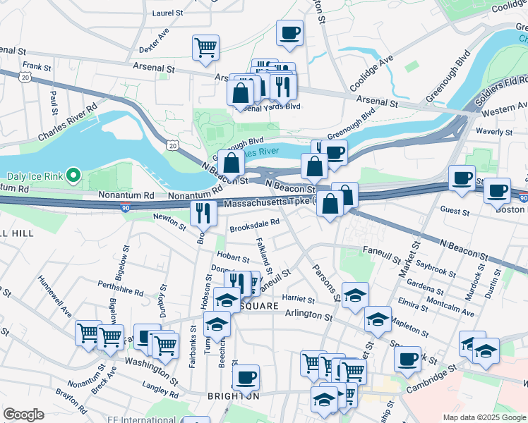 map of restaurants, bars, coffee shops, grocery stores, and more near 25 Brooksdale Road in Boston