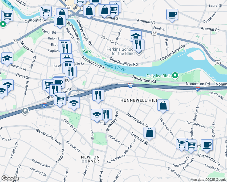 map of restaurants, bars, coffee shops, grocery stores, and more near 165 Hunnewell Avenue in Newton