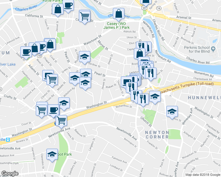 map of restaurants, bars, coffee shops, grocery stores, and more near 12 Hovey Street in Newton