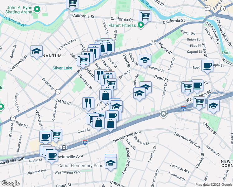 map of restaurants, bars, coffee shops, grocery stores, and more near 34-36 Middle Street in Newton