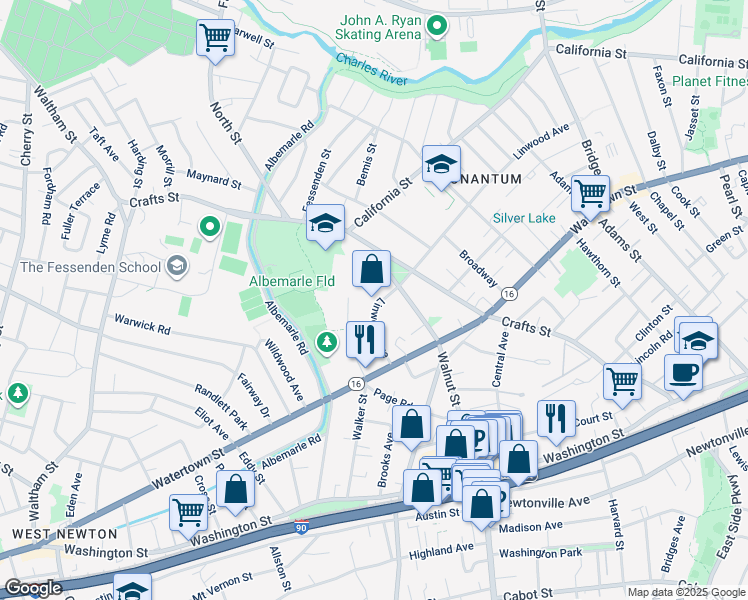 map of restaurants, bars, coffee shops, grocery stores, and more near 159 Edinboro Street in Newton