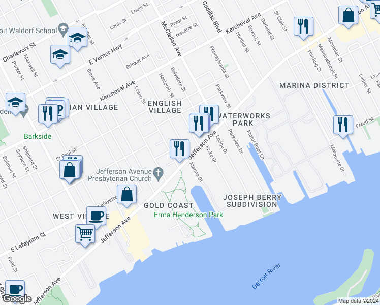 map of restaurants, bars, coffee shops, grocery stores, and more near 8845 East Jefferson Avenue in Detroit
