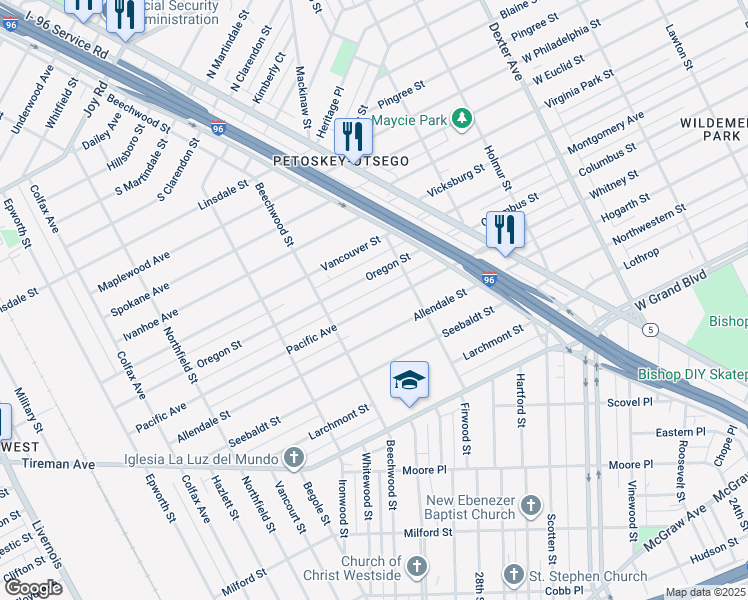 map of restaurants, bars, coffee shops, grocery stores, and more near 4581 Pacific Avenue in Detroit