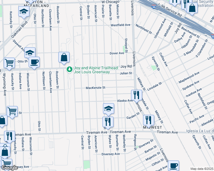 map of restaurants, bars, coffee shops, grocery stores, and more near 7149 Mackenzie Street in Detroit