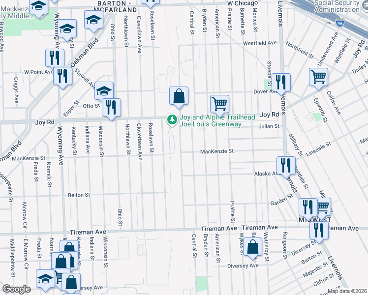 map of restaurants, bars, coffee shops, grocery stores, and more near 8503 Central Avenue in Detroit