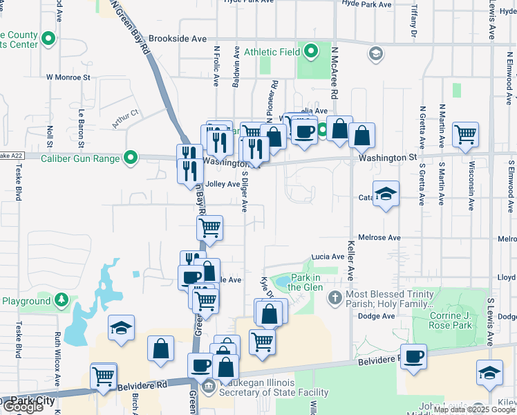 map of restaurants, bars, coffee shops, grocery stores, and more near 2723 Westwood Drive in Waukegan