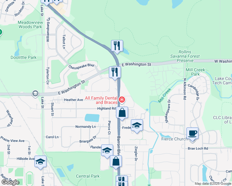 map of restaurants, bars, coffee shops, grocery stores, and more near 34000 North Barron Boulevard in Grayslake