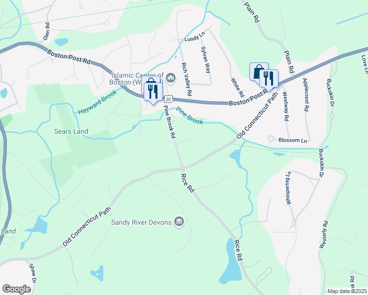 map of restaurants, bars, coffee shops, grocery stores, and more near 2 Dairy Farm Lane in Wayland