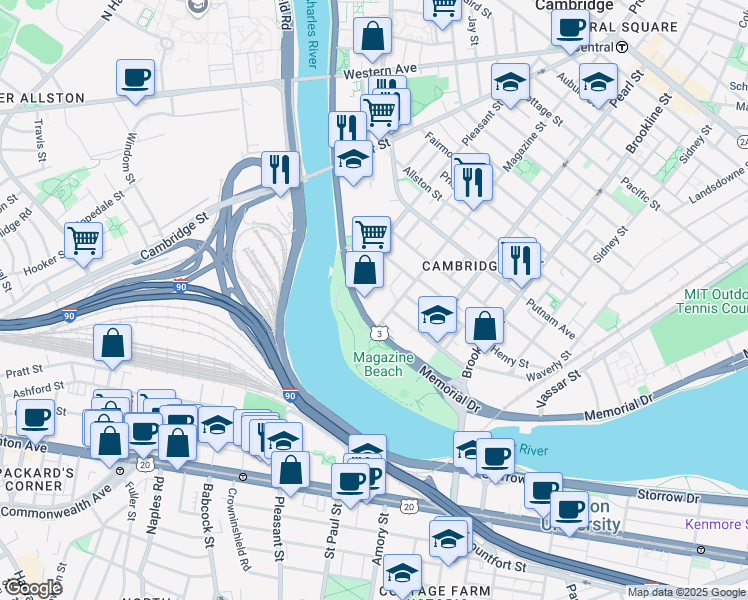 map of restaurants, bars, coffee shops, grocery stores, and more near 730 Memorial Drive in Cambridge