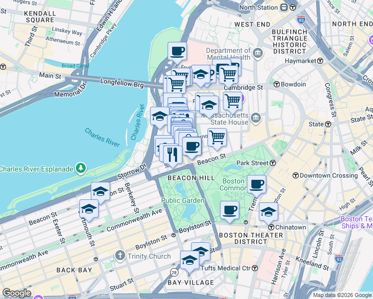 map of restaurants, bars, coffee shops, grocery stores, and more near 34 Charles Street in Boston