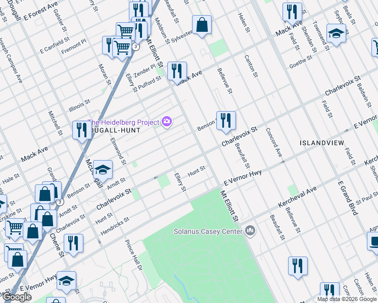 map of restaurants, bars, coffee shops, grocery stores, and more near 3660 Arndt Street in Detroit