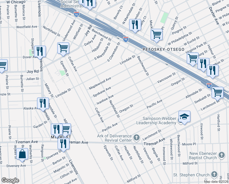 map of restaurants, bars, coffee shops, grocery stores, and more near 5380 Ivanhoe Street in Detroit