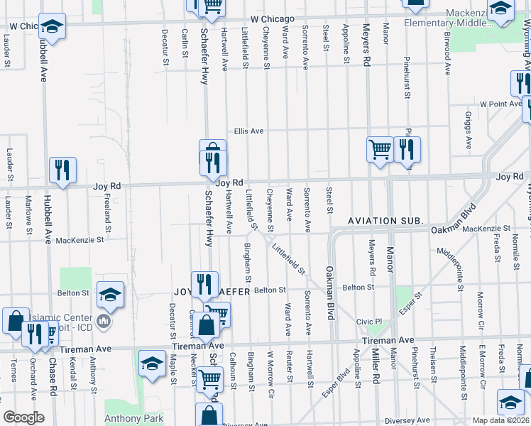 map of restaurants, bars, coffee shops, grocery stores, and more near 8544 Cheyenne Street in Detroit