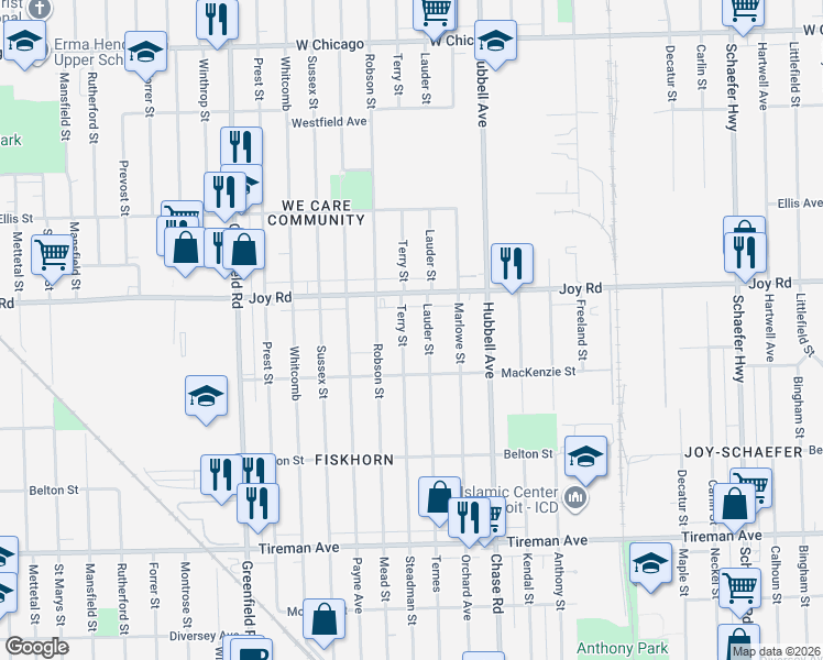 map of restaurants, bars, coffee shops, grocery stores, and more near 8566 Terry Street in Detroit