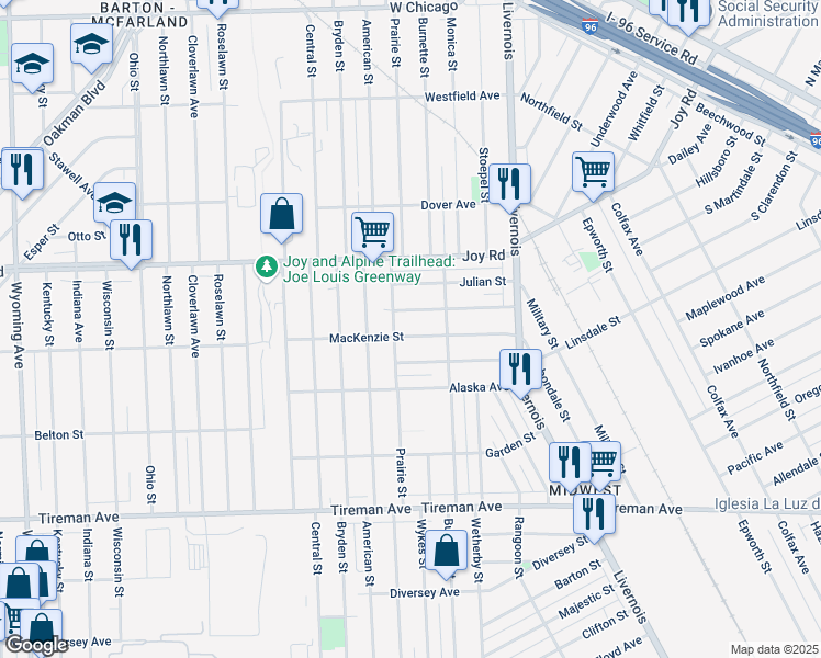 map of restaurants, bars, coffee shops, grocery stores, and more near 7149 Mackenzie Street in Detroit