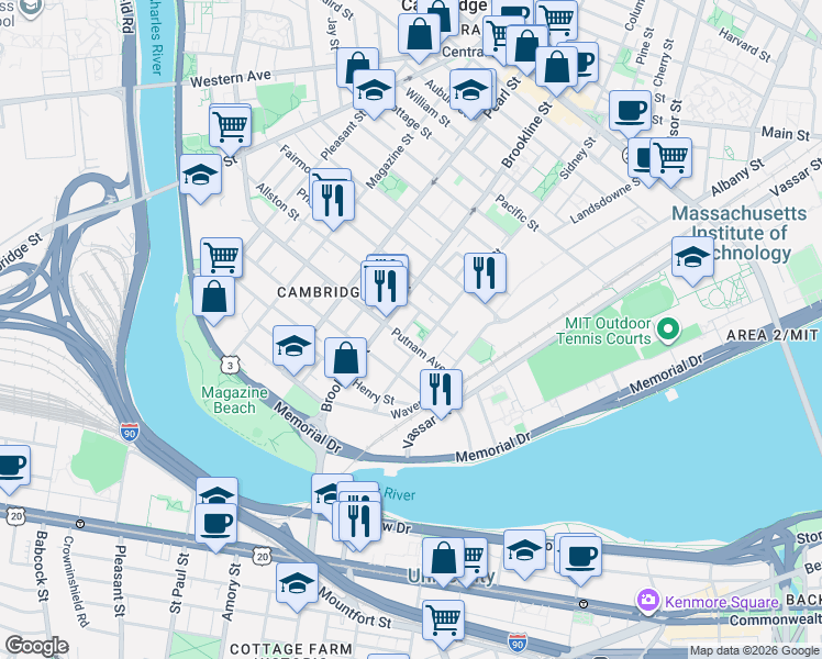 map of restaurants, bars, coffee shops, grocery stores, and more near 14 Putnam Court in Cambridge