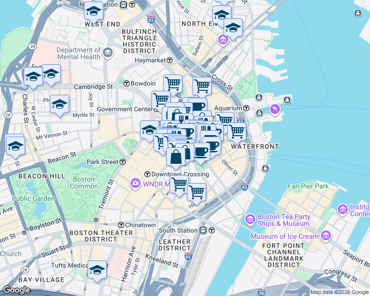 map of restaurants, bars, coffee shops, grocery stores, and more near 5 Post Office Square in Boston