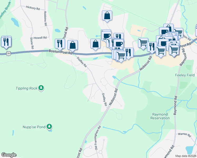 map of restaurants, bars, coffee shops, grocery stores, and more near 53 Highland Avenue in Sudbury